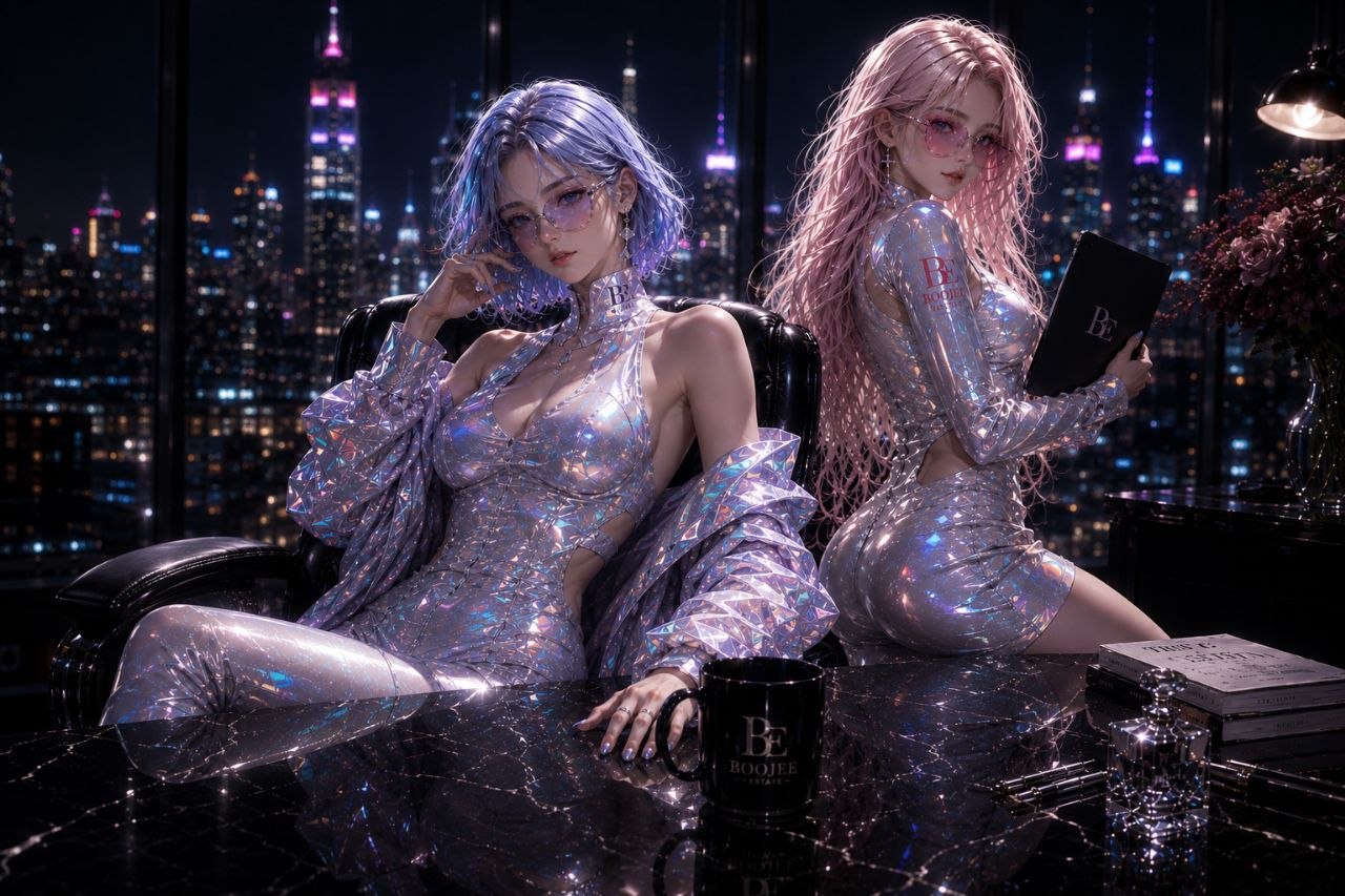 Madame and Mistress Boojee in a chrome-black estate command room overlooking a neon city skyline