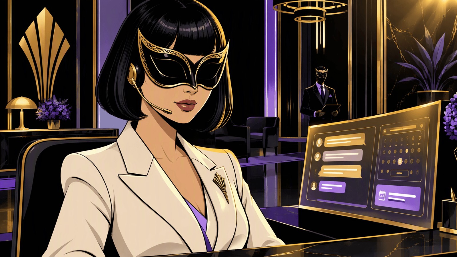 AI Front Desk — masked comic noir concierge at a luminous estate desk