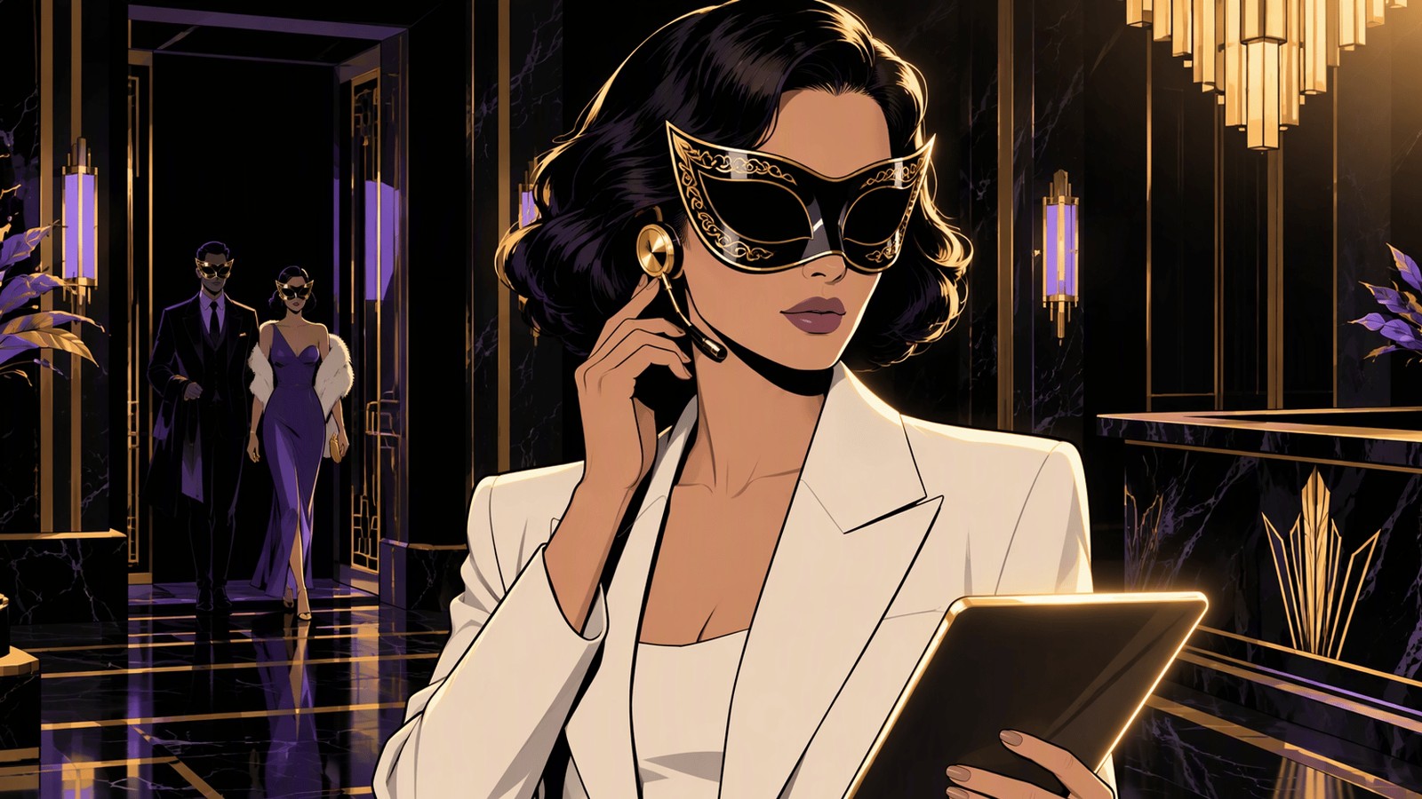 AI Receptionist — masked comic noir reception presence