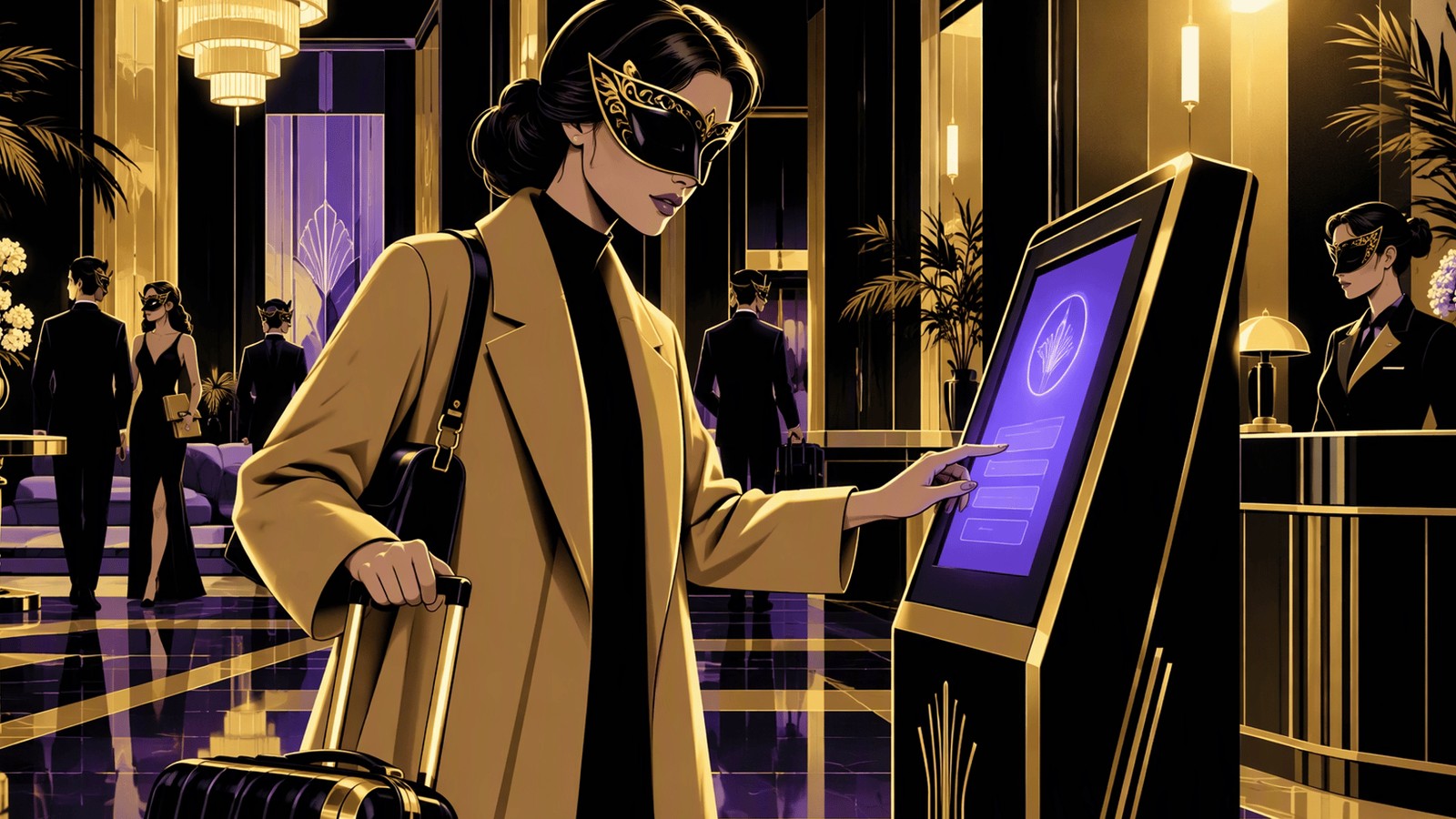 Boojee Front Desk kiosk — masked comic noir lobby concierge