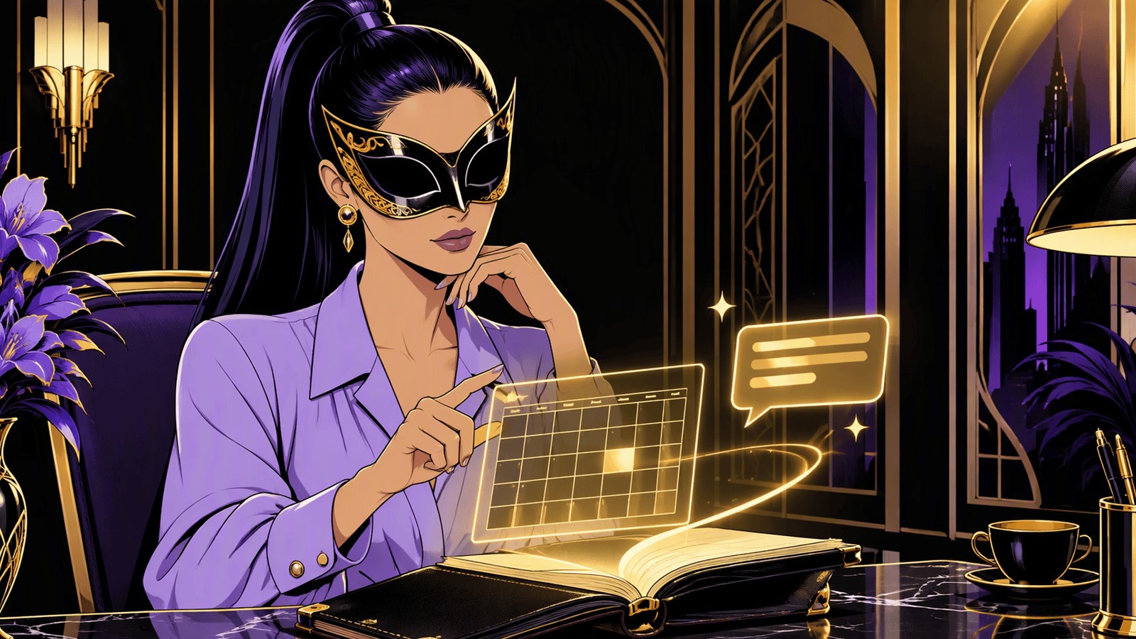 Booking Setup — masked comic noir appointment booking scene
