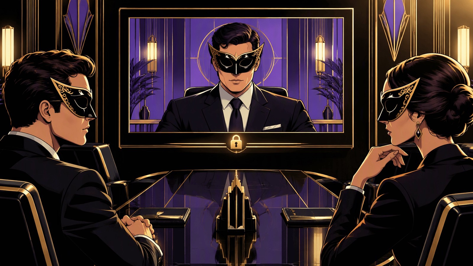 Meetings — masked comic noir secure video conference