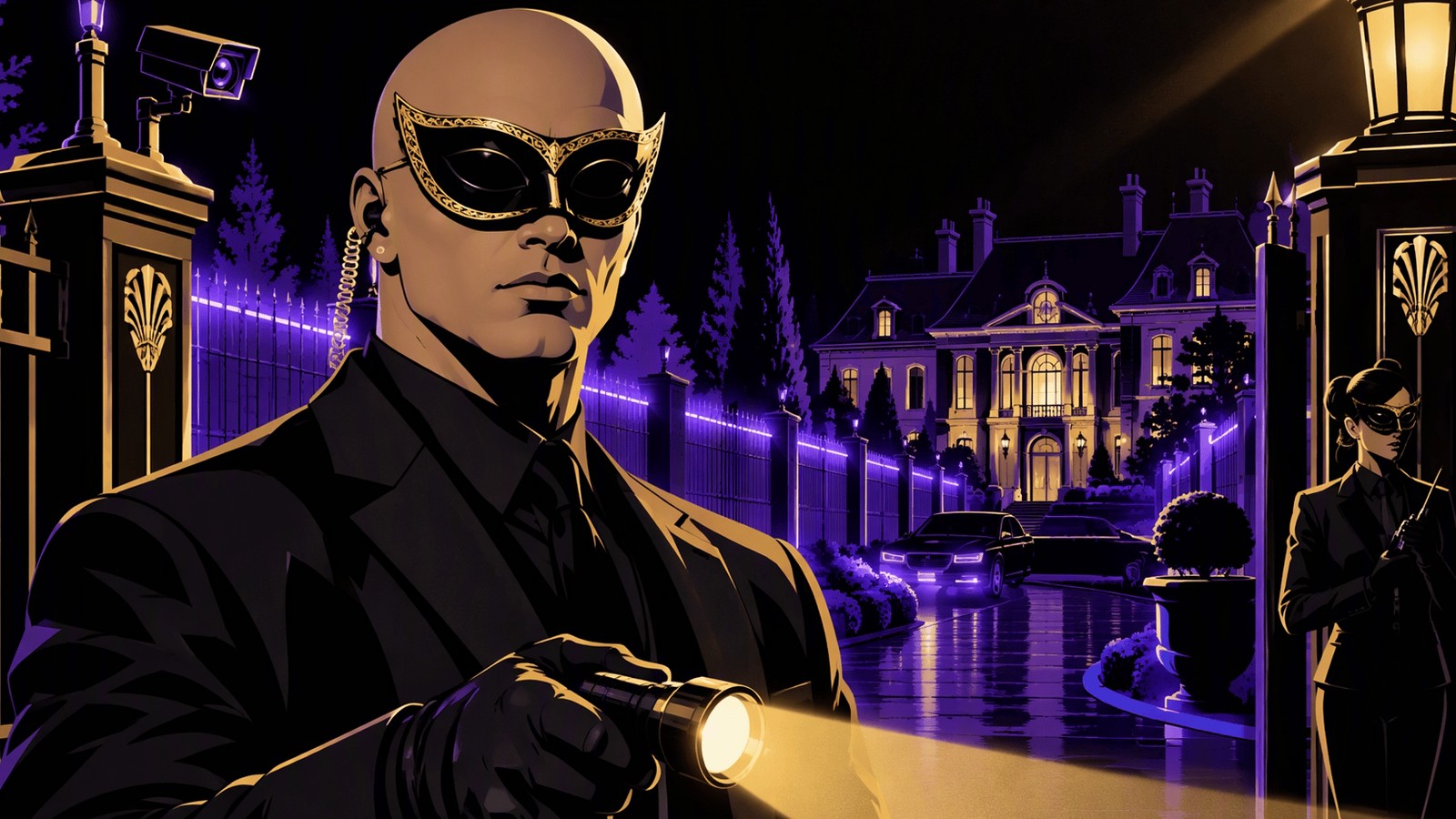Security — masked comic noir estate security consult