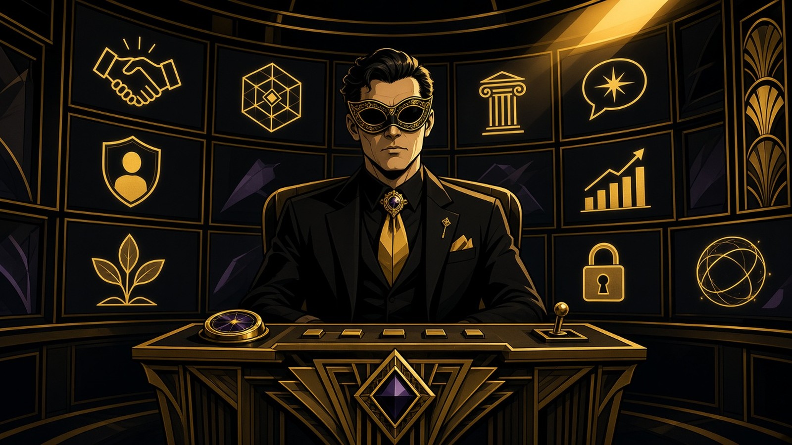 Estate OS — masked comic noir platform